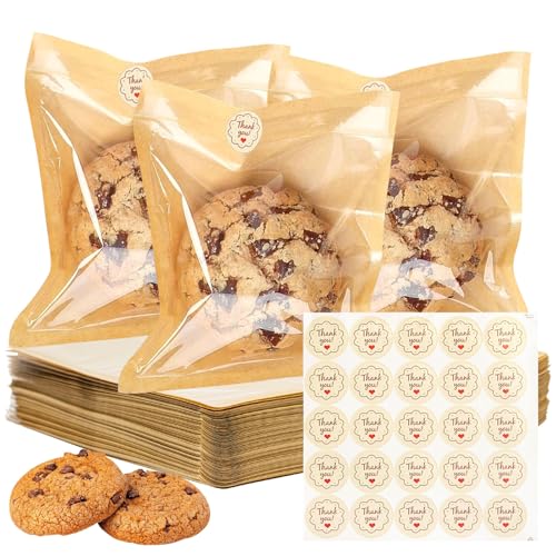 Sweet Bags with Seal 100pcs 5.7x6.5 Inch Wax Cookie Bags with Window for Treat Bakery Cake Biscuit Heat Seal Cookie Gift Packaging Wrappers for Valentines Day Mothers Day