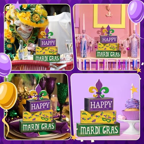 Image of Moucuny 4 Pcs Mardi Gras Decorations Mardi Gras Wooden Sign Carnival Table Centerpiece Carnival Tiered Tray Decor Decorative Faux Book Stack Block for Masquerade Party Fireplace Mantel Shelf