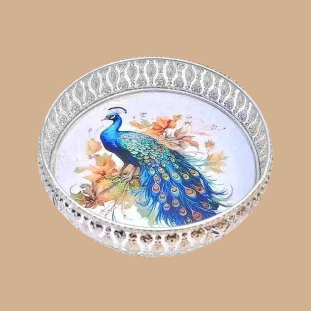 Pichwai German Silver Tray 8 Inch Decorative Silver Trays for Puja Peacock Design Traditional Pooja Bowl Traditional Decorative Bowl for Festival Pooja-image-15