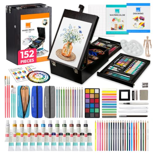 COLOUR BLOCK 152-Piece Wooden Easel Art Supplies Set, Professional Painting and Drawing Art Kit with Mixed Media Acrylic and Watercolor Paints, Pencils and Tools for Adults and Mixed Media Artists