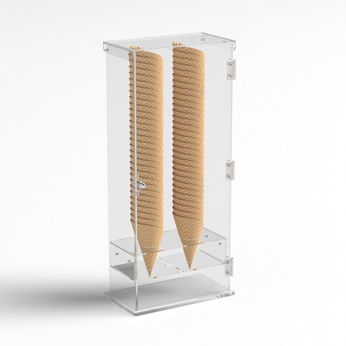 Porta coni gelato per cialde grandi in plexiglass trasparente a 2 fori con sportello - Misure: 27 x 13 x H61 cm