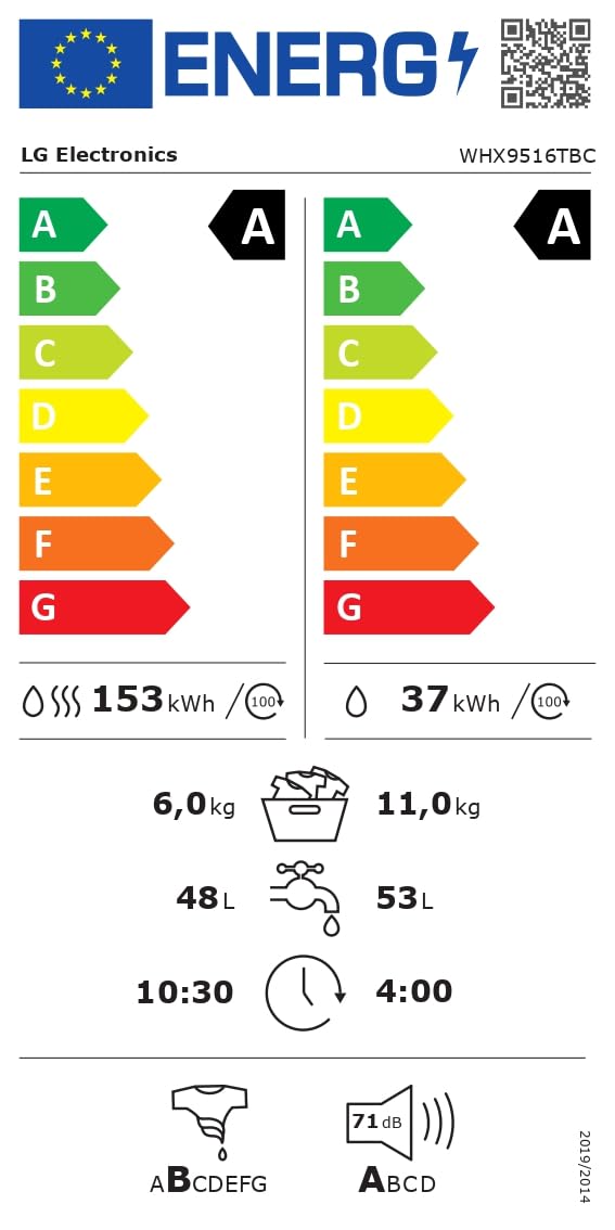 LG WHX9516TLC - Lavasecadora, Bomba de Calor Dual Inverter, AI Direct Drive TM, TurboWash 360º,Selector LCD, Autodosificación, 11/6kg, 1400rpm, Serie 950, 30% más Eficiente, Blanca