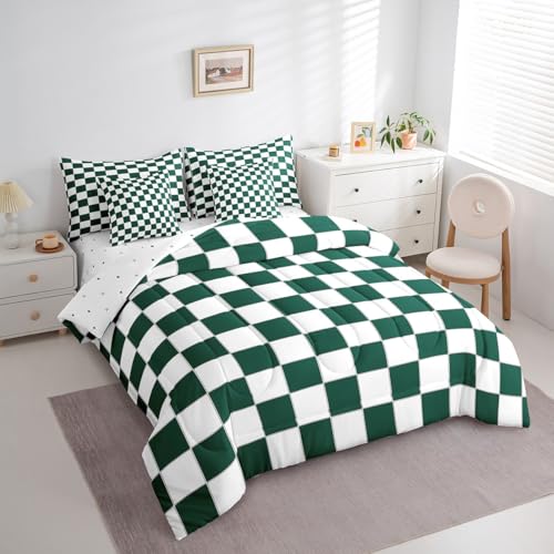Image of Erosebridal Aesthetic Checkered Twin Bed in A Bag 7 Piece White Green Checkerboard Bedding Set,Buffalo Plaid Grid Comforter Set with Sheets for Kids Teen Adults Geometric Gingham Bed Set