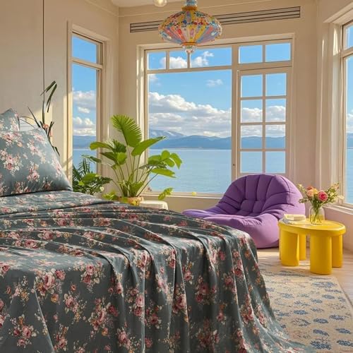 Image of FADFAY Forest Green Floral Queen Sheet Set - 100% Muslin Cotton Double Gauze Bedding - 4 Piece Shabby Chic Cottagecore Sheets, Ultra Soft Breathable Cooling Deep Pocket Fitted Sheet up to 17.5 inch
