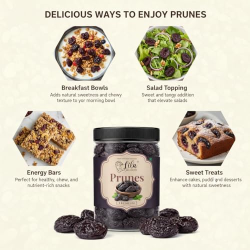 Image of LILA DRY FRUITS Premium Prunes 1 kg (500g x 2) Dried Plums | Naturally Sweet Pruune Soft & Juicy Dried Fruit Snack | High Fibre Healthy Snack for Daily Nutrition, Baking Smoothies Perfect for Gifting
