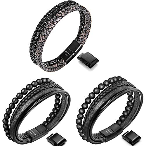 Speroto mens bracelets,leather steel bracelets ,lava beads and onyx bead leather in 8.7inch