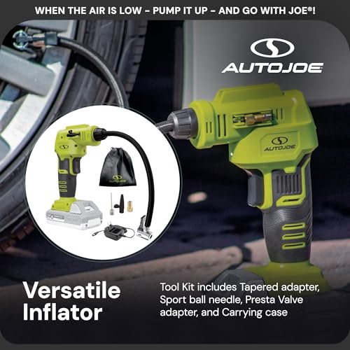 Image of Sun Joe Cordless Tire Air Inflator and Compressor Kit w / 2.0-Ah Battery, Charger and Nozzle Adapters - Portable Battery-Powered Inflating Tool for Car Wheels, Pools, and Bikes, IONMAX 24V-AJC-LTE