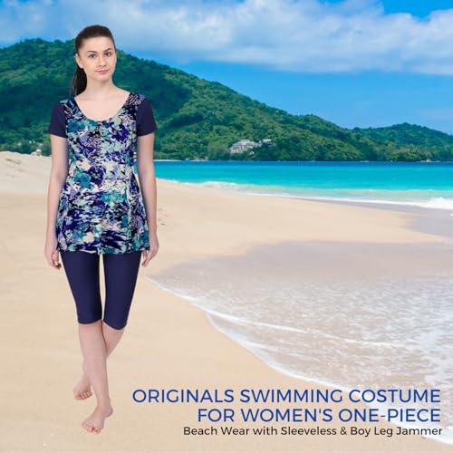 Image of Originals Swimming Costume for Women's One-Piece Beach Wear with Sleeve & Skirted 3 /4 Leggings Maximum Covered Swim Wear Dress (L - 7XL)