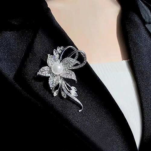 Image of Crystal Pearl Flower Brooches Pins Fashion Beautiful Created Rhinestone Floral Brooch Good Idea for Party Dance Wedding Banquet for Elegant Women Girl