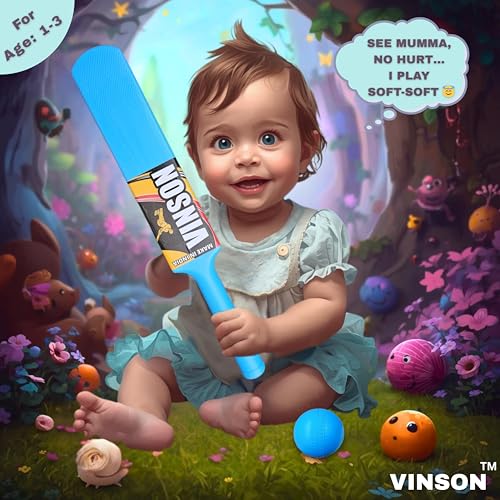 Image of Vinson Baby Cricket Kit Toy Set for Kids (Age 1-3 Years) | Plastic Cricket Bat, 55 mm Soft Plastic Ball, 3 Stumps with 2 Bails & PVC Carry Bag | Indoor & Outdoor Sports Toy for Toddlers