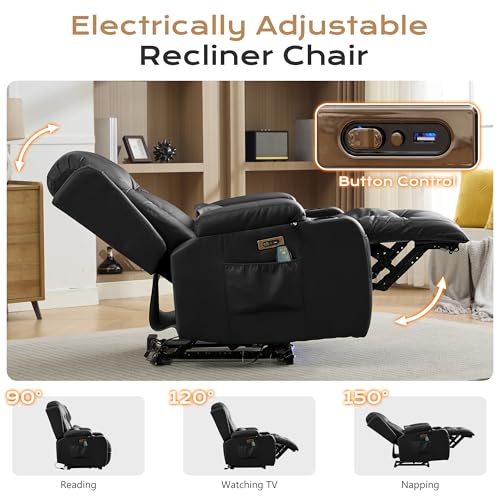 Image of URRED Recliner Chair with Massage and Heat, Power Reclining Sofa Chair Home Theater Seating with LED Ambient Light, USB Ports, Cup Holders, Side Pockets, Faux Leather (Black, Set of 1)
