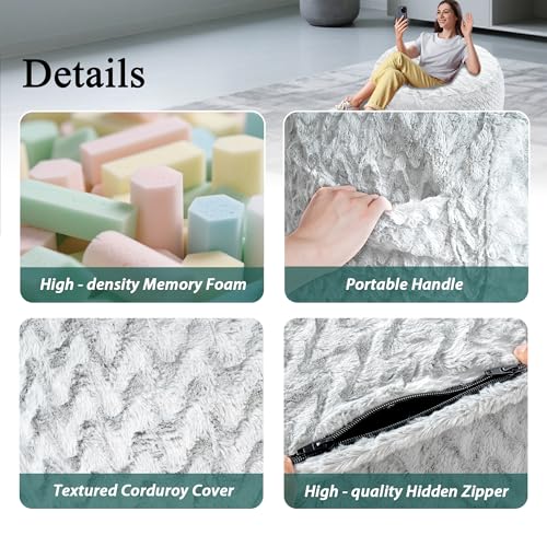 lilanoon 5FT Bean Bag Chair with Ultra Soft Cover Bean Bag Sofa with Memory Foam Bean Bag Chairs with Large Size Lazy Sofa for Dorm Office Living Room Bedroom White - Image 6