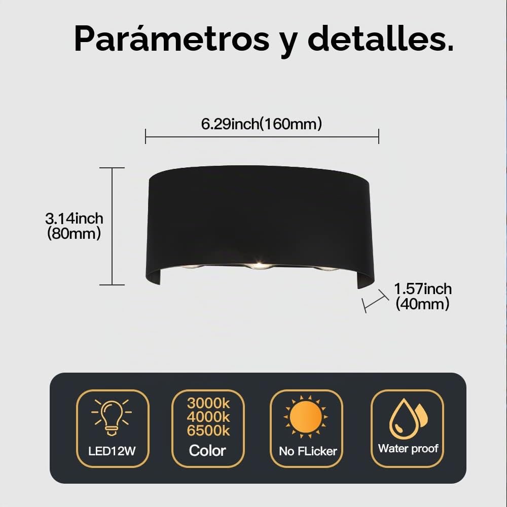 YCZM 2 Piezas Lámparas de Pared Exterior/Interior LED Aplique Pared 12W 1200LM ip65 impermeables up and down lámparas de pared de aluminio modernas que brillan arriba y abajo(Negro 3000k luz cálida)
