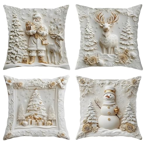QhgPnt 4 Pcs Christmas Cushion Covers White Pillow Cases Christmas Themed Cushion Covers Festive Holiday Design for Sofa and Bed Soft and Durable Fabric