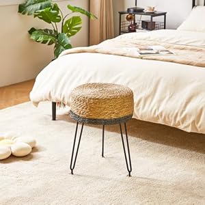 YMYNY Pouf Ottoman Handmade Natural Water Hyacinth Pastoral Style Footrest Footstool with 4 Metal Legs Round Vanity Stool for Bedroom Hallway Living Room 1259L1259W1771H Black UHBD029B