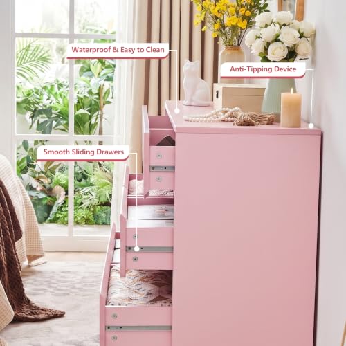 6 Drawer Dresser for Bedroom, 47.24" Wide Blush Pink Chest of Drawers with Wave Hidden Recessed Handles, Modern Wood Storage Dresser Cabinet for Girls Room & Living Room - Image 4