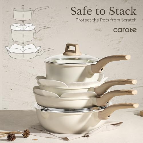 Image of CAROTE ICE 35pcs Pots and Pans Set, Nonstick Cookware Sets, White Granite Induction Cookware with Kitchen Knife Set