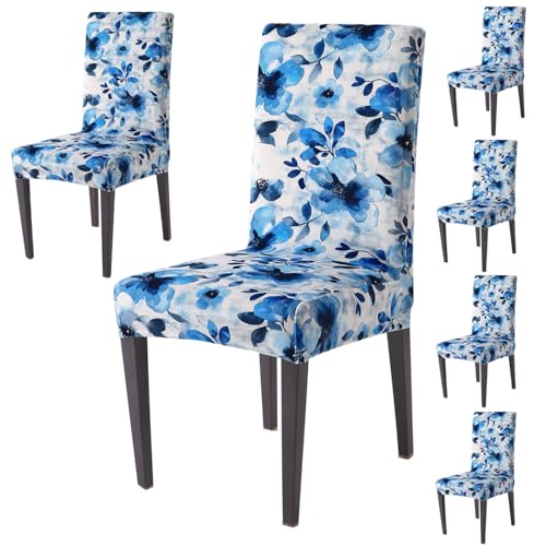 Image of HOKIPO Premium Printed Velvet Dining Chair Cover Set of 6, Blue Azure Botanical (AR-5794-D8*6)