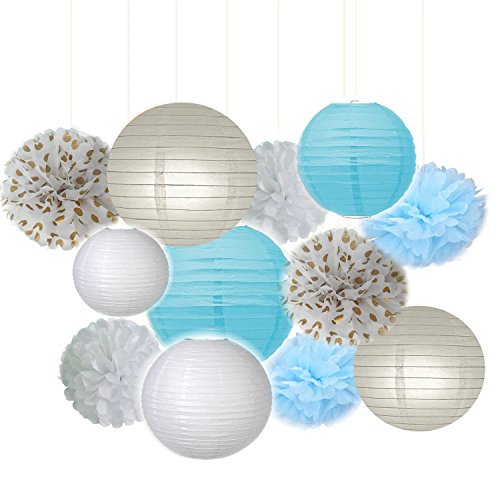 Fascola Pack of 12 Baby Blue White Grey Baby Boy Baby Shower/Party Paper Decorations First Birthday Boy Decorations Tissue Paper Pom Pom