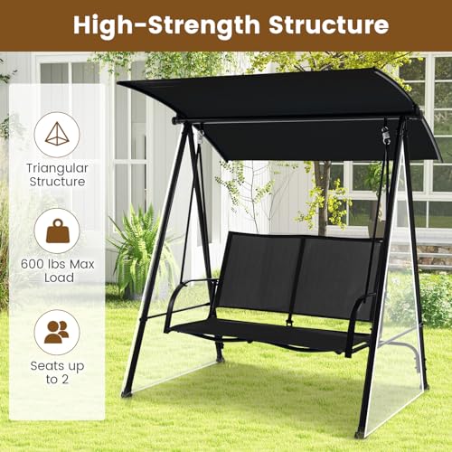 Image of HAPPYGRILL 2-Person Outdoor Swing with Canopy, Patio Porch Swing Chair with Heavy-Duty Metal Frame, Breathable Seat Fabric, Patio Loveseat Swing for Backyard, Balcony, Poolside