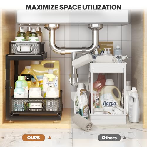 Image of 2-Pack Under Sink Storage Organizer with 2-Tier Slide Out Drawer, Sophisticated Mesh Pull Out Shelf for Kitchen & Bathroom, Fits Small Items, Upgraded Arched Track for Smooth Gliding(Patented)
