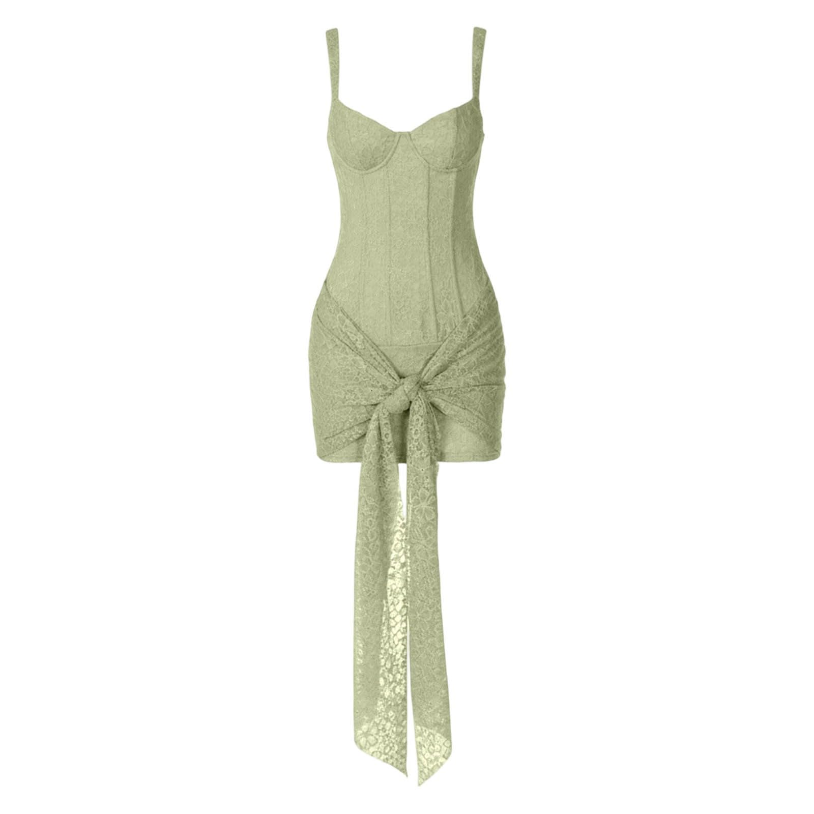 Vestido Verano Mujer Largo,Vestido Casual Femenino Ajustado Encaje Escote V Cintura Ajustable Tirantes Midi Sin Mangas Parche Elegante
