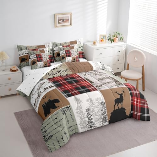Erosebridal Woodland Animals 7 Piece Comforter Set Full Bed in a Bag,Lodge Cabin Bedding Set,Rustic Farmhouse Sheet Set Wildlife Bear Elk Deer Bed Set,Pine Trees Cottage Brown Red Buffalo Plaid Decor by Erosebridal - Image 2