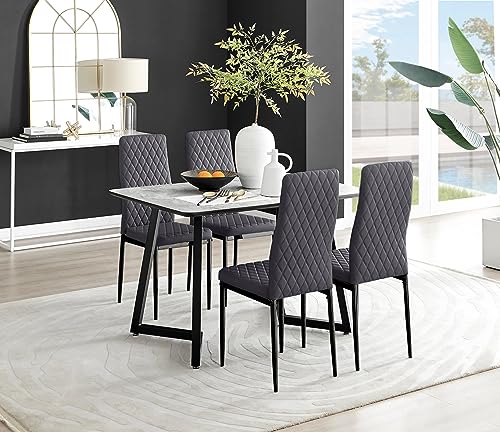 Image of Furniturebox UK Carson White Marble Effect Dining Table & 4 Grey Velvet Milan Black Leg Chairs
