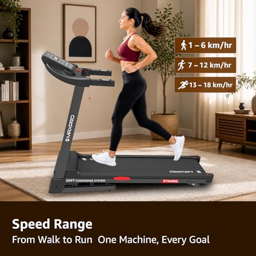 Image of Maxpro Dynamiq 5.5 Hp Peak BLDC Motor |18km /h Speed |15 Level Motorized Incline |130Kg User Weight |Auto Lubrication | Auto Incline Hydraulic Foldable Treadmill for Home use
