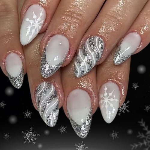 Christmas Press on Nails Short Almond Fake Nails Press ons Nail T...