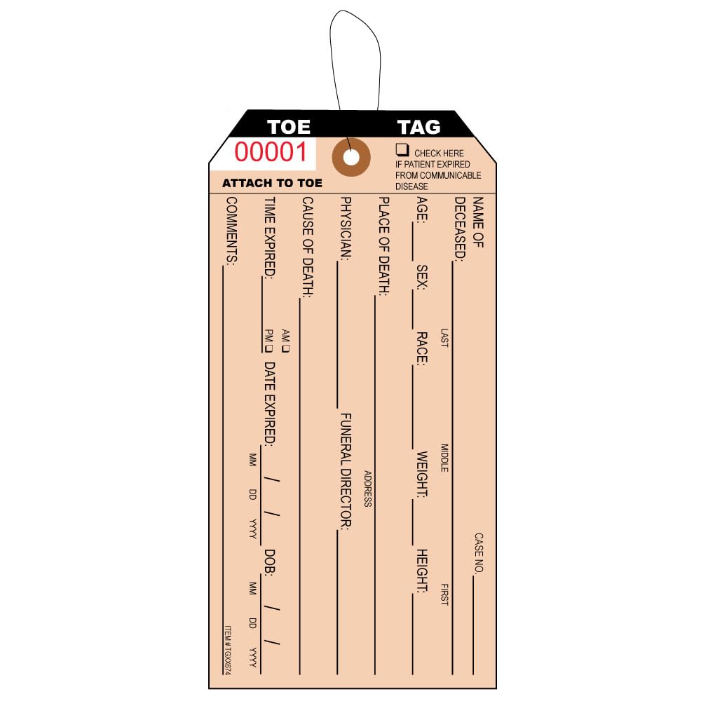 100 Coroner & Morgue Funeral Numbered Toe Identification Tags. Printer in Black Ink on Manila Card Stock, with Reinforced Eyelet. Each Tag is