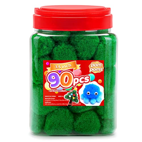 Image of IOOLEEM Large Green Pom Poms, 1.5 inch /4 cm, 90 Count, Cotton Craft Pom Poms for Arts & Crafts, DIY Projects, Holiday Decorations