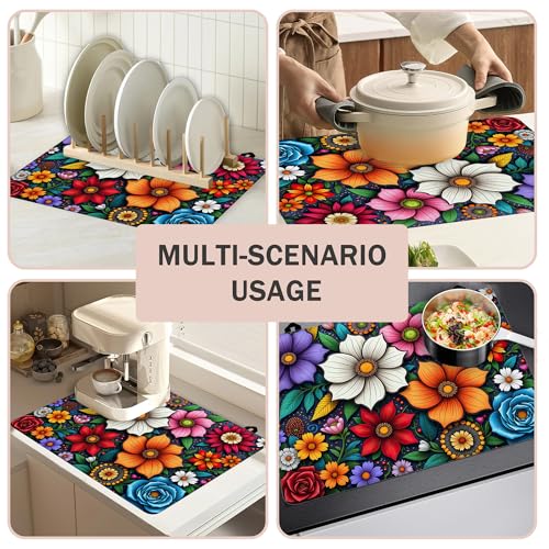 Image of Vibrant Mandala Floral Stove Cover for Electric and Glass Stove Tops 3-in-1 Stove Mat, Heat Resistant Counter Protector Mat, Non-Slip Surface & Drying Rack, 28.5 inchLx20.5 inchW