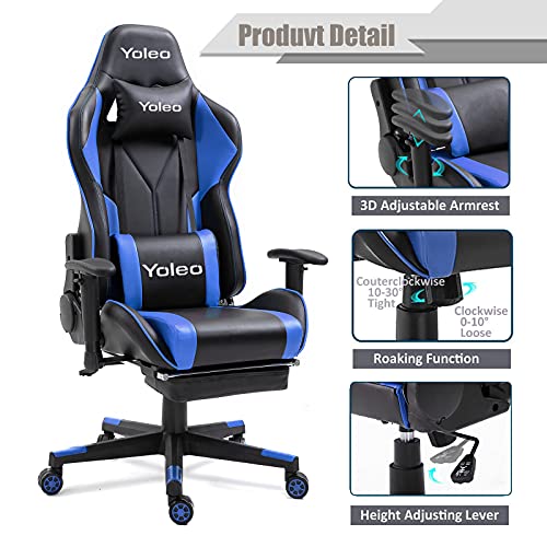 Dripex-Chaise-Gaming-Fauteuil-Gamer-Fauteuil-de-Bureau-Gaming-Professionnel-Chaise-de-bureau-ergonomique-Dossier-Haut-Hauteur-reglable-Charge-Max-136-kg-bleu-avec-repose-pieds