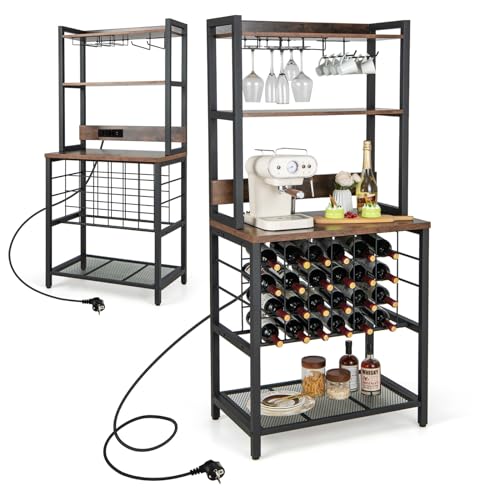 KOMFOTTEU Étagère à Vin avec Prises pour 24 Bouteilles et Support en Verre, Étagère de Cuisine avec Plan de Travail, 5 Niveaux, pour Plusieurs Appareils,...