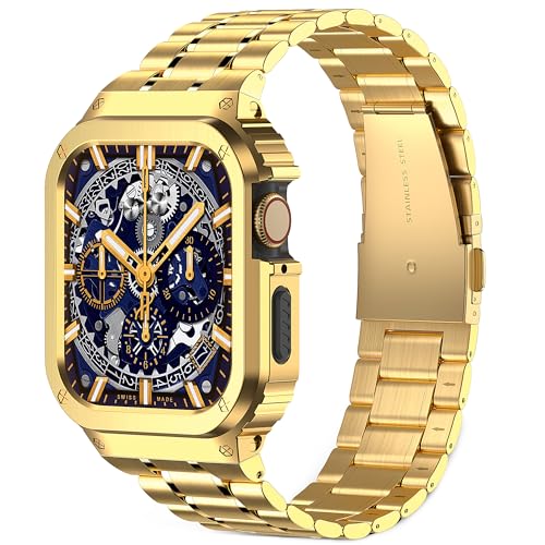 HEYZONE Metal Band Compatible with Apple Watch Band 44mm 45mm for Series SE/SE2 9 8 7 6 5 4,Stainless Steel iWatch Band with Bumper Case for Men,Metal iWatch Strap with Metal Protective Cover