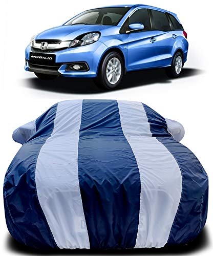Image of PURPLEHEART Car Body Cover Compatible with Honda Mobilio Mirror Pocket Triple Stitched Bottom Elastic Water Resistant UV Protection & Dustproof Car Cover-Blue & White