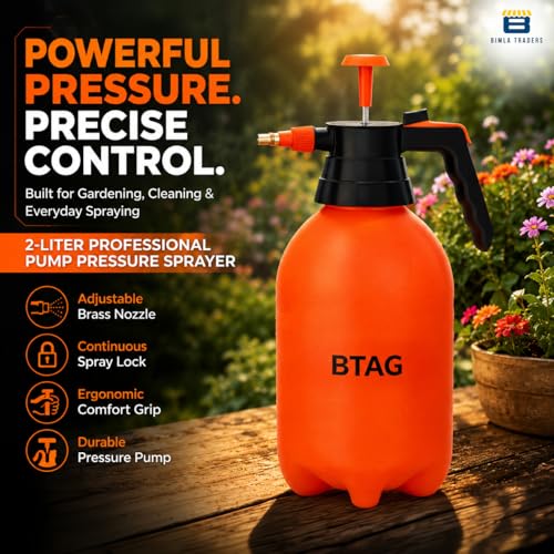 Image of Btag 2L Manual Pressure Spray Pump with Long Nozzle, Adjustable Sprayer for Gardening, Plant Watering & Home Cleaning. (PS001 Orange)