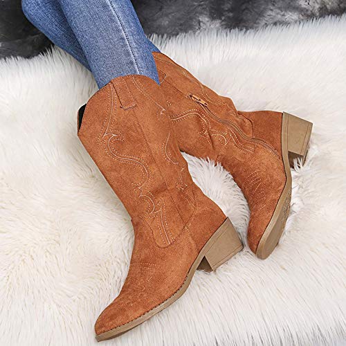 Hbeylia Cowboy Boots For Women Boho Embroidered Suede Wide Calf Western Cowgirl Boots With Side Zipper Bohemian Retro Chunky Low Heel Mid Calf Riding Boots Dress Winter Shoes For Ladies4