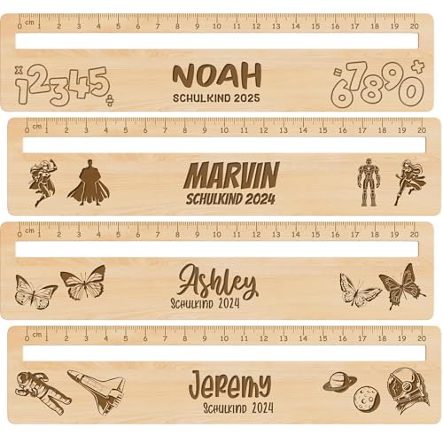 Meinearmbänder Personalisiertes 20cm Holz-Lineal Vollständig mit Namen und niedlichen Motiven lasergraviert 2-in-1 Lesehilfe und Lineal Geschenk zur Einschulung Für Jungen und Mädchen