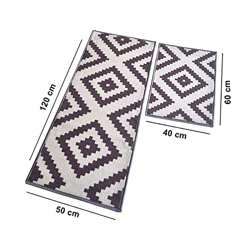 Image of Matz&More Anti Slip Kitchen Runner & Doormat Combo (50x120cm + 40x60cm), Nylon Tufted Floor Mat with Rubber Backing, Carpet for Kitchen, Hallway, Entrance & Bedside, Pattern Grey Offwhite