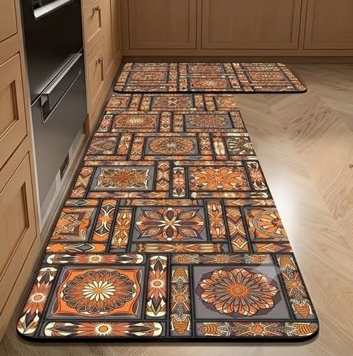 Image of HomeCloud Rubber Kitchen Mats for Floor Set of 2 Pcs|Non-Skid, Soft Absorbent Rugs for Kitchen, Laundry, and Hallway|120x40cm, 40x60cm| 4mm Thickness (Mosaic Orange)