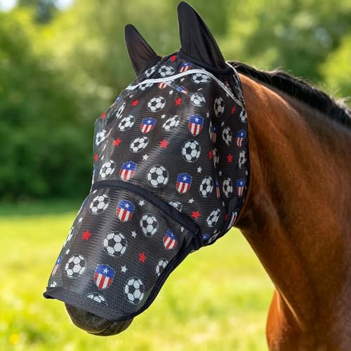 BARN & STABLE Fine Mesh Horse Fly Mask with Ears Lightweight UV Protection Fly Mask for Horses Large 3D Eye Space with Soft Fleece Trim Adjustable Straps (Soccer Print Large)