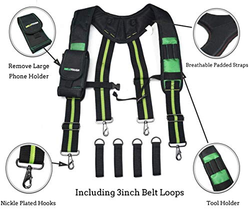Image of MELOTOUGH Tool Belt Suspenders with Phone Holder Foam Pads for Construction | Construction Work Suspenders, Olive-Green, Foam-Padded, Reduce Shoulder Fatigue, Detachable Phone Holder, On-Hand Access