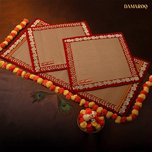 Image of Damaroo Designer Pooja Room Mats-Combo Pack of 3 Pooja Aasans-Handcrafted Aasan for Puja for Sitting Praying Meditation Gifting-1 Large Mat (2x4 ft) + 2 Small Mats (2x2 ft each) (Golden Mat with Red Gota Patti)