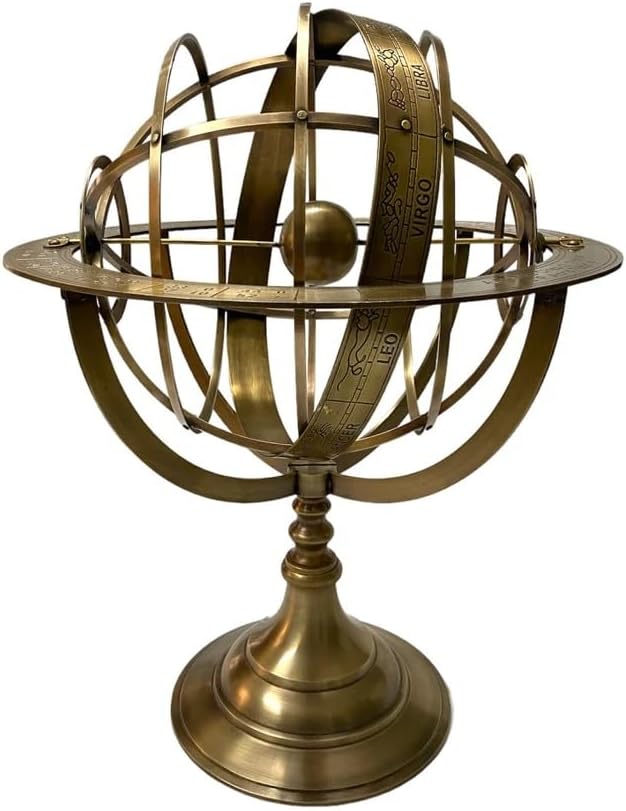 18" Astrolabe Brass Armillary Sphere, Zodiac Sign Engraved Armillary Globe, Home & Office Table Top Décor