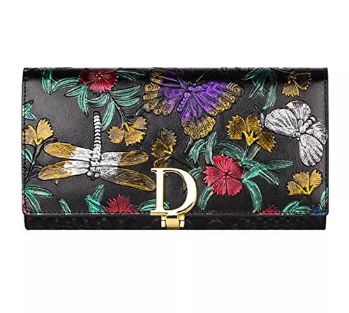 Aslana Genuine Leather Wallet for Women, RFID Blocking Floral Hand Painted Embossed Large Capacity Clutch Purse (Colorful Dragonfly)