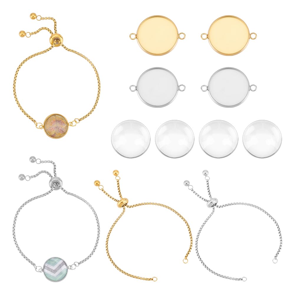 UNICRAFTALE 4 Sets 2 Colors Stainless Steel DIY Blank Dome Link Bracelet Making Kit Adjustable Slider Bracelets Chain with Round Cabochon Connector Bezel with Glass Cabochons for Jewellery Making