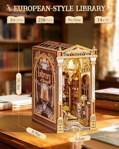 Image of Rolife Book Nook Kits 3D Wooden Puzzle for Adults - Library of Wonders 258-Piece DIY Booknook Building Kit Baroque Architecture Model Bookshelf Decor Craft Gift for Adult Book Lovers
