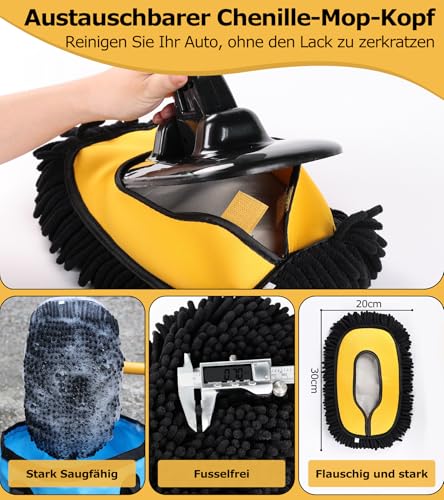 15° Bogen Autowaschbürste mit Stiel 144CM Aluminium Auto Waschbürste mit Teleskopstiel, Kratzerfreie Reinigungsbürste für Auto LKW Wohnwagen SUV Wohnmobil, Teleskop Waschbürste mit 2 Mop-Köpfen